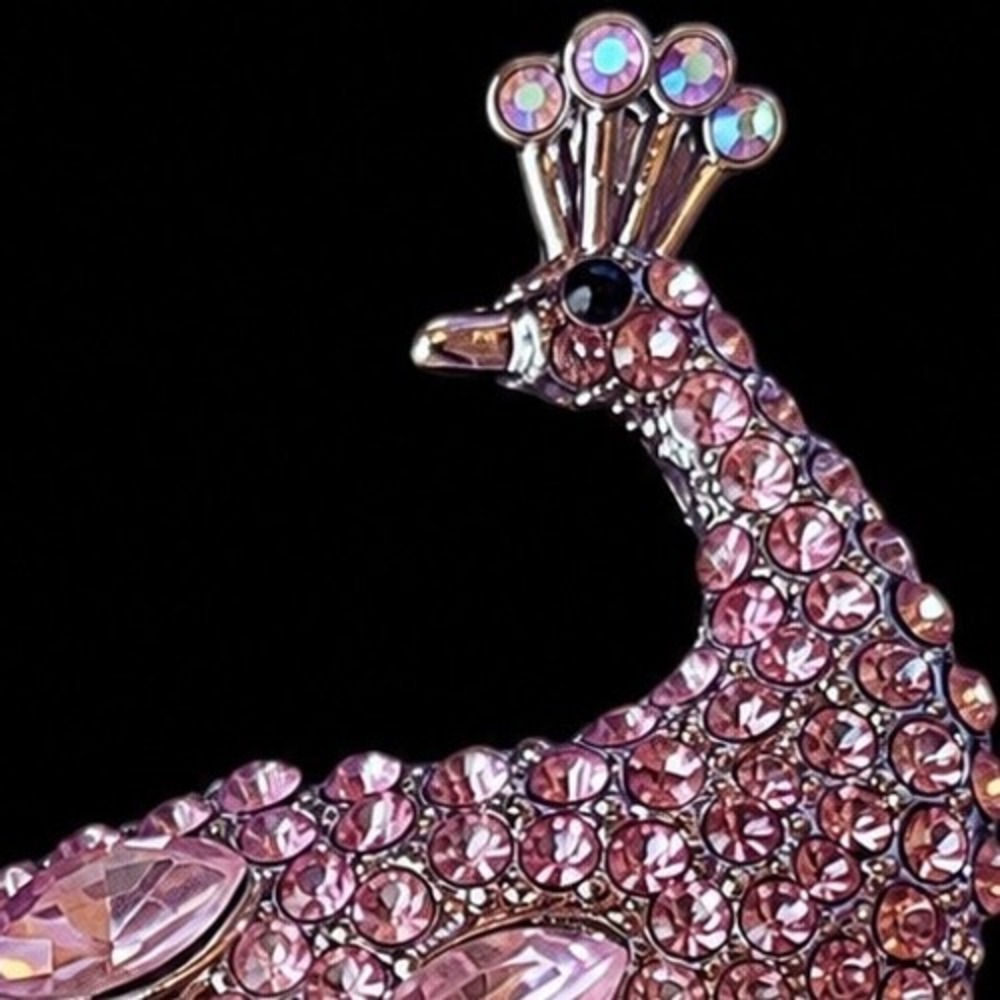 Pink Rhinestone Peacock Brooch Articulated Dangle Tail Silver Tone Statement